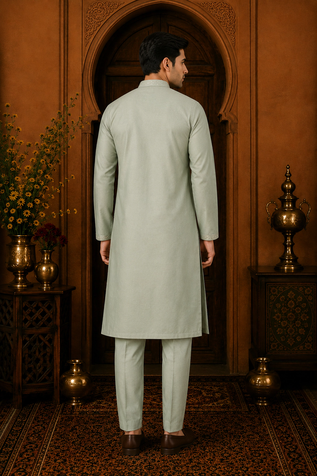 Men's Sage Green Cotton Silk Embroidered Kurta Set view 3