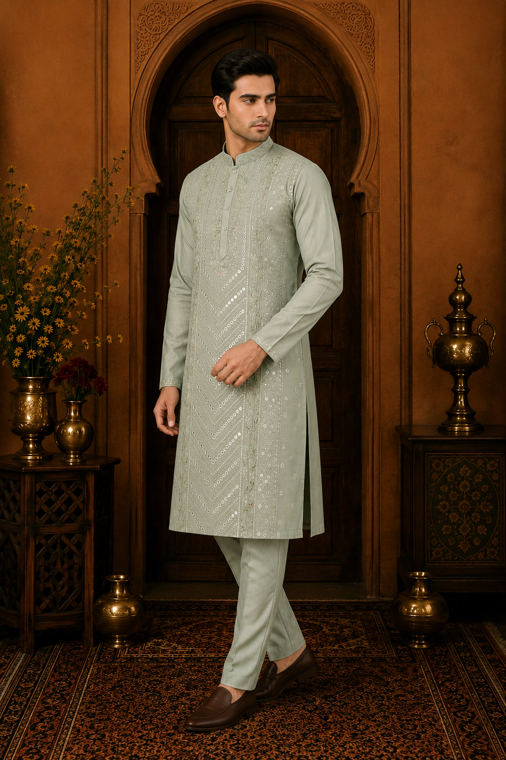 Men's Sage Green Cotton Silk Embroidered Kurta Set view 4