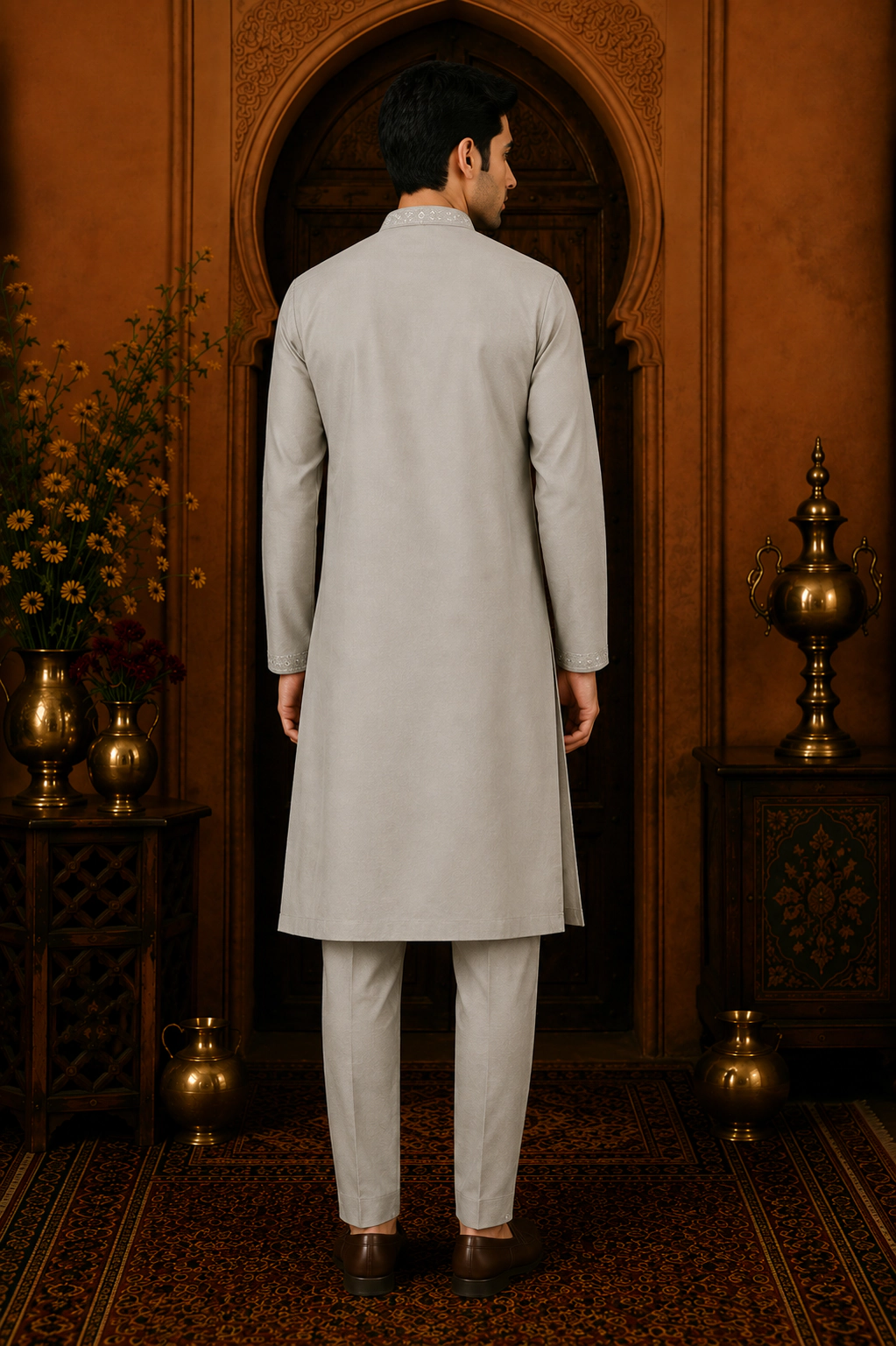 Men's Stone Beige Cotton Silk Embroidered Kurta Set view 3