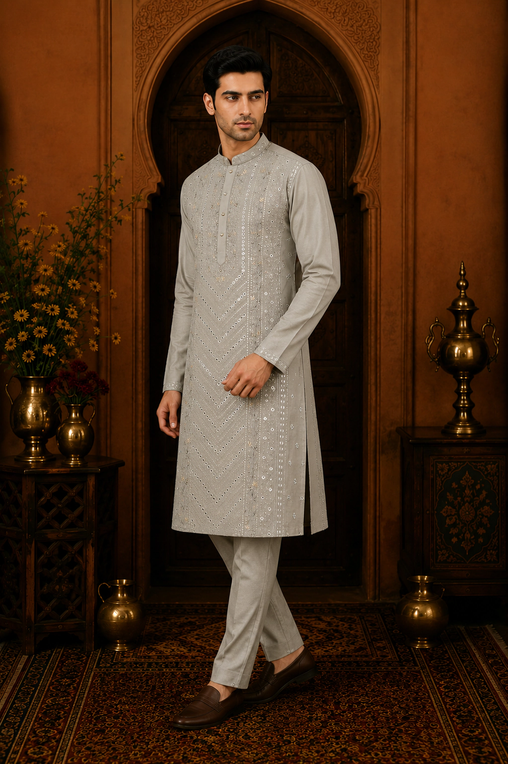 Men's Stone Beige Cotton Silk Embroidered Kurta Set view 4