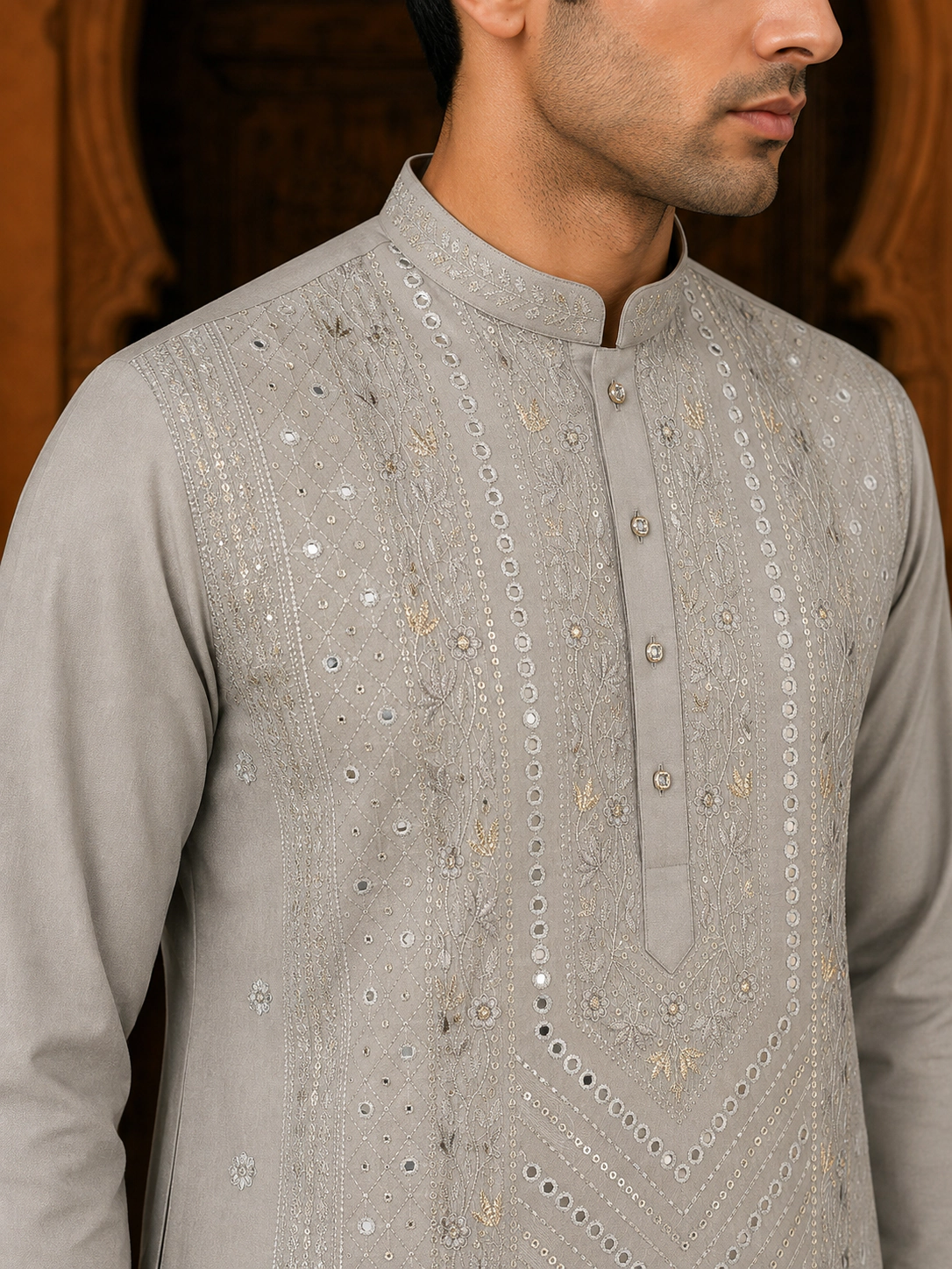 Men's Stone Beige Cotton Silk Embroidered Kurta Set view 2