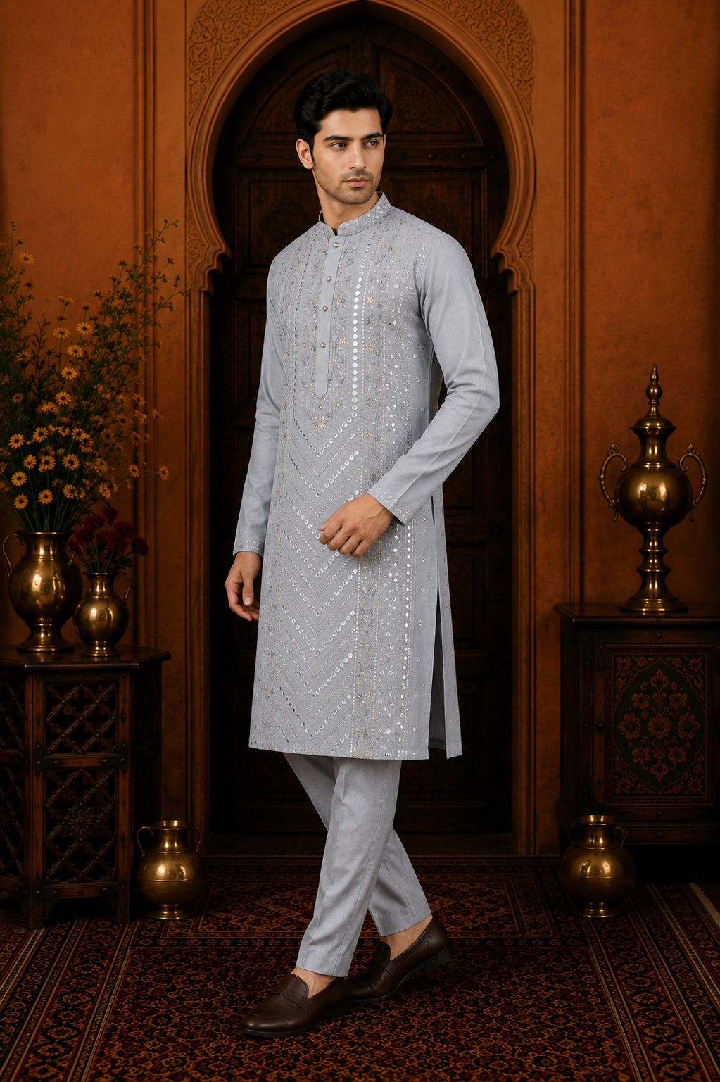 Men's Silver Grey Cotton Silk Embroidered Kurta Set view 4