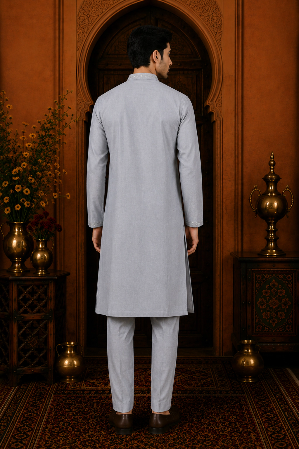 Men's Silver Grey Cotton Silk Embroidered Kurta Set view 3