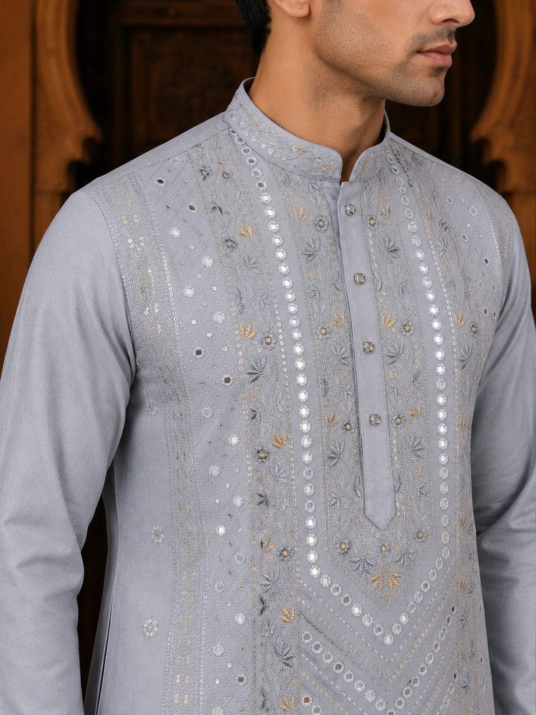 Men's Silver Grey Cotton Silk Embroidered Kurta Set view 2