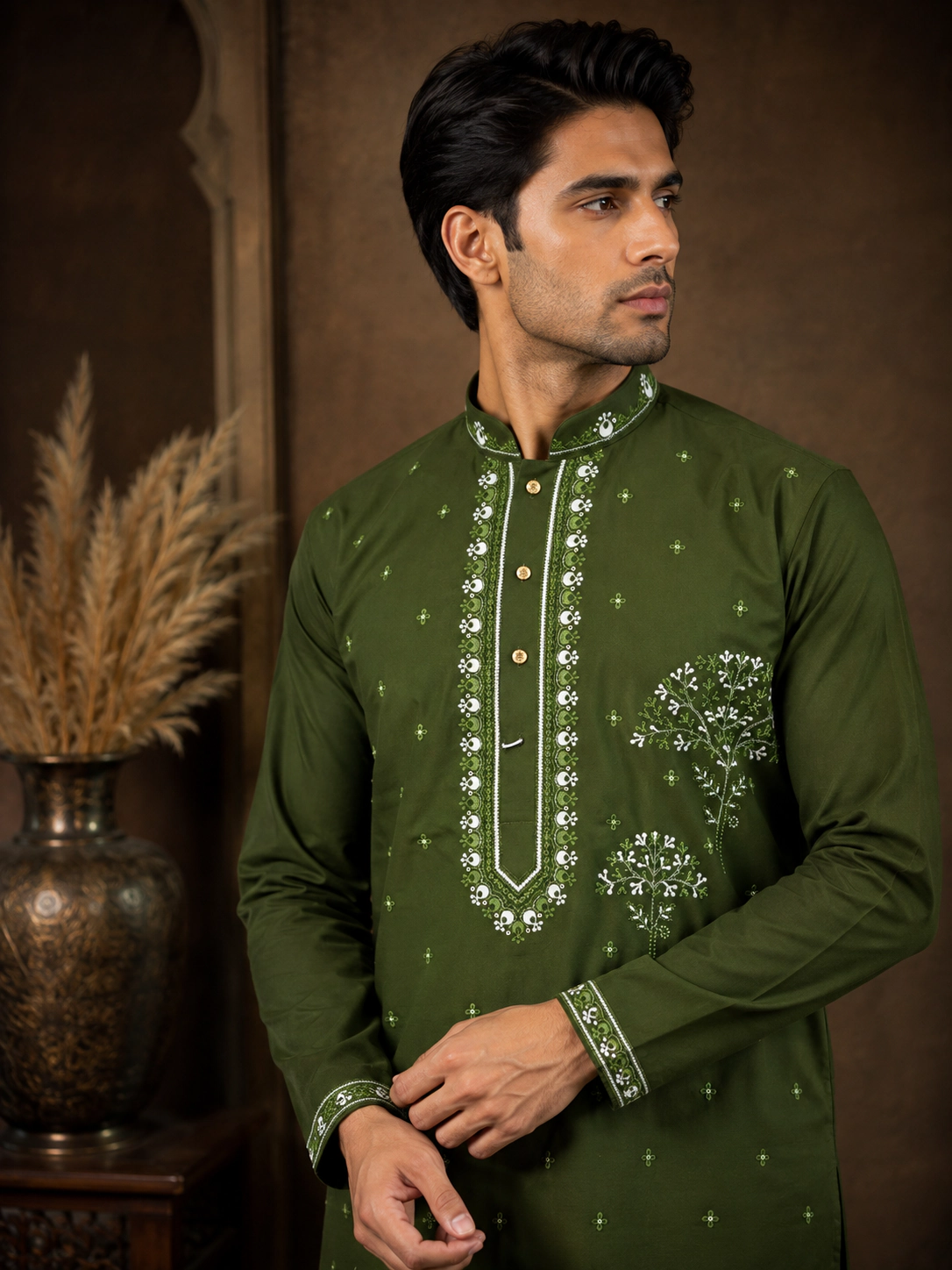 Men's Forest Green Japanese Embroidered Kurta Set view 2