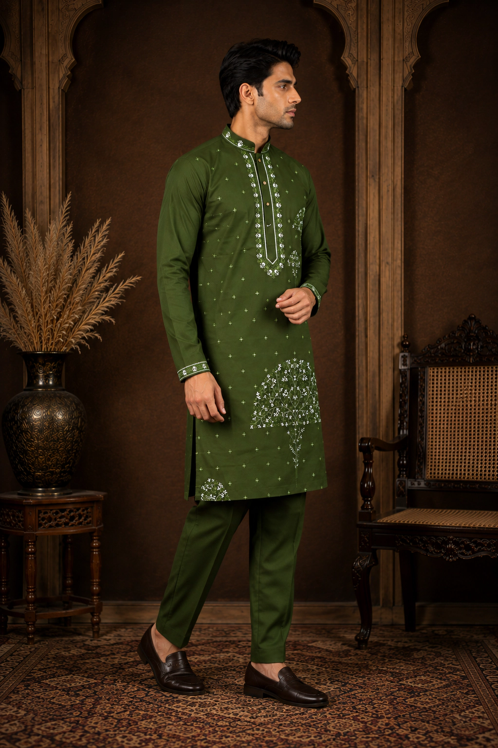Men's Forest Green Japanese Embroidered Kurta Set view 4