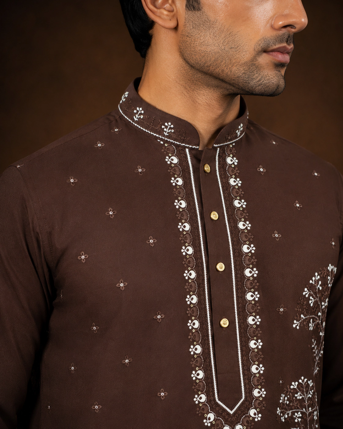 Men's Chocolate Brown Japanese Embroidered Kurta Set view 2