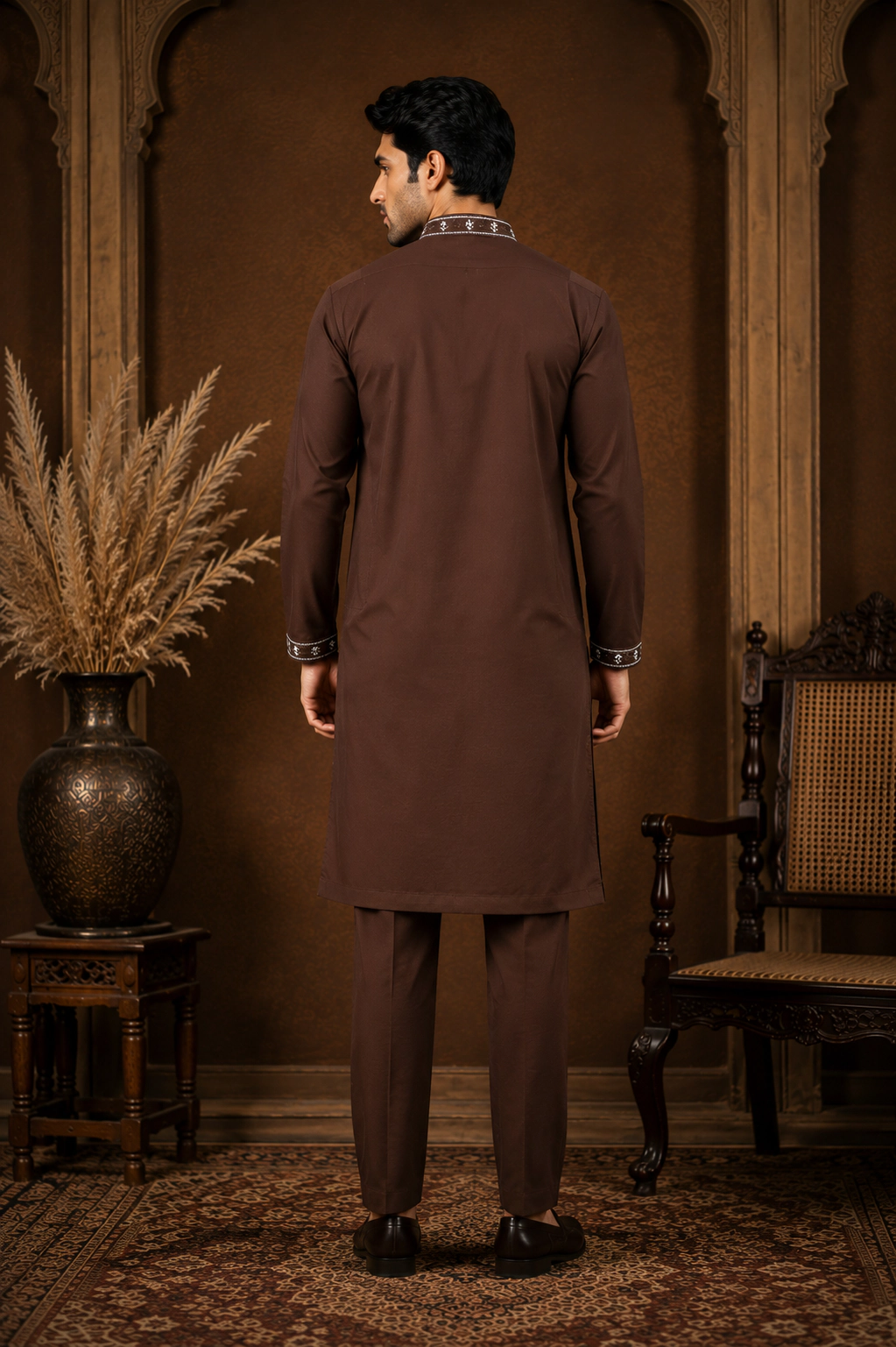 Men's Chocolate Brown Japanese Embroidered Kurta Set view 3