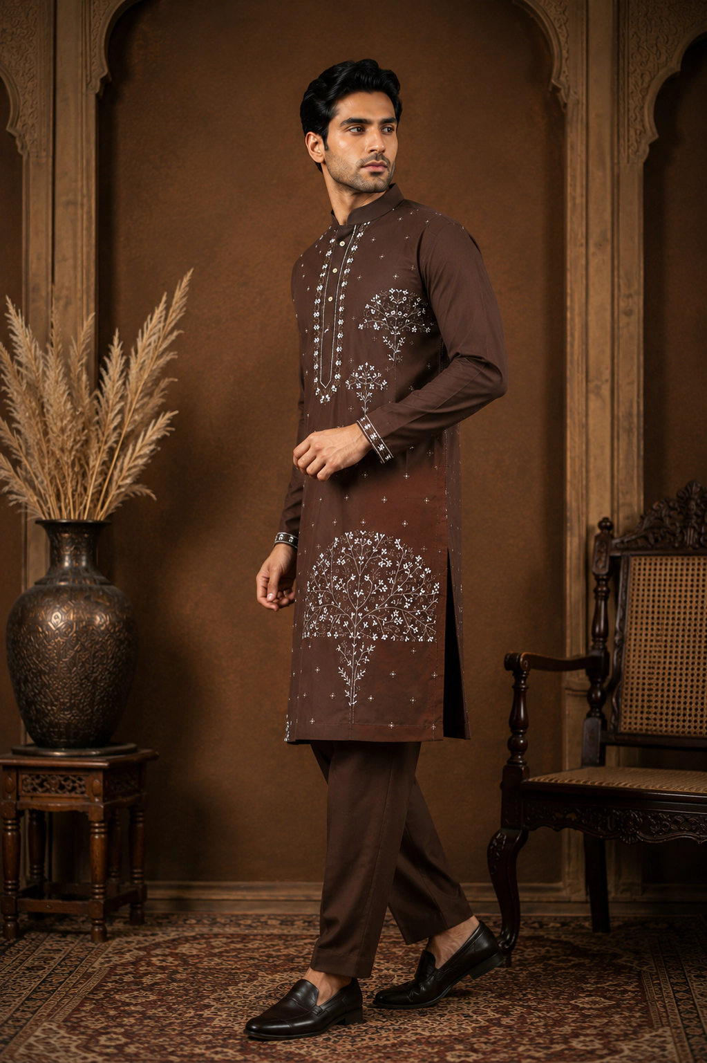 Men's Chocolate Brown Japanese Embroidered Kurta Set view 4