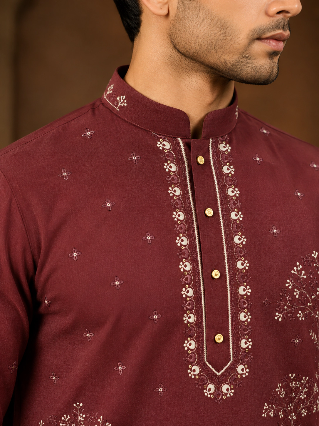 Men's Wine Maroon Japanese Embroidered Kurta Set view 2