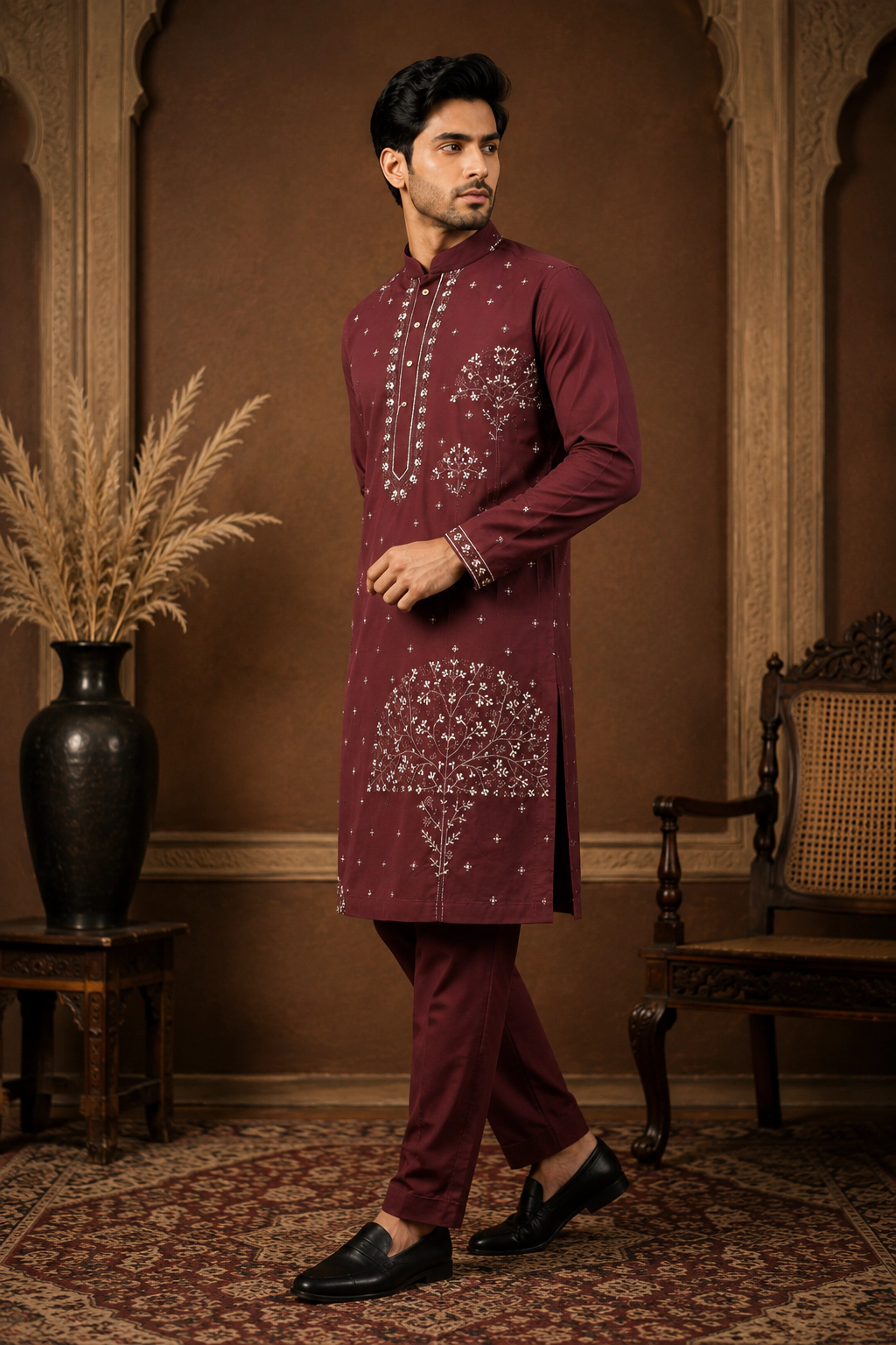 Men's Wine Maroon Japanese Embroidered Kurta Set view 4