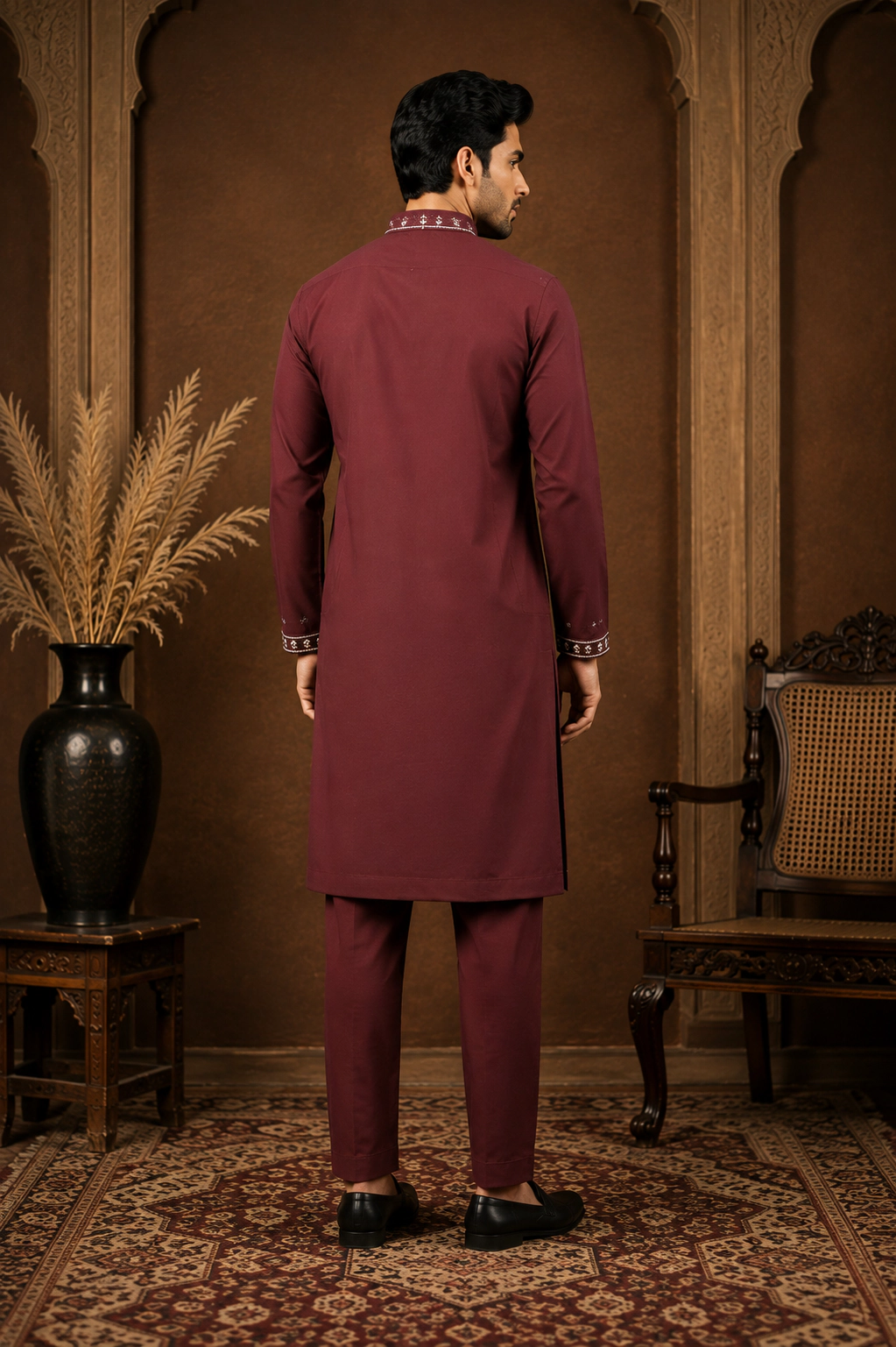 Men's Wine Maroon Japanese Embroidered Kurta Set view 3