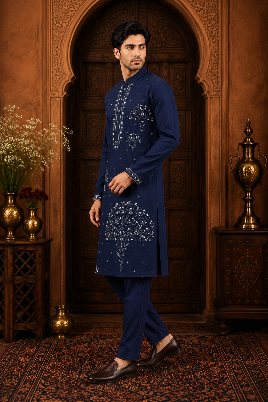 Men's Midnight Navy Japanese Embroidered Kurta Set view 4
