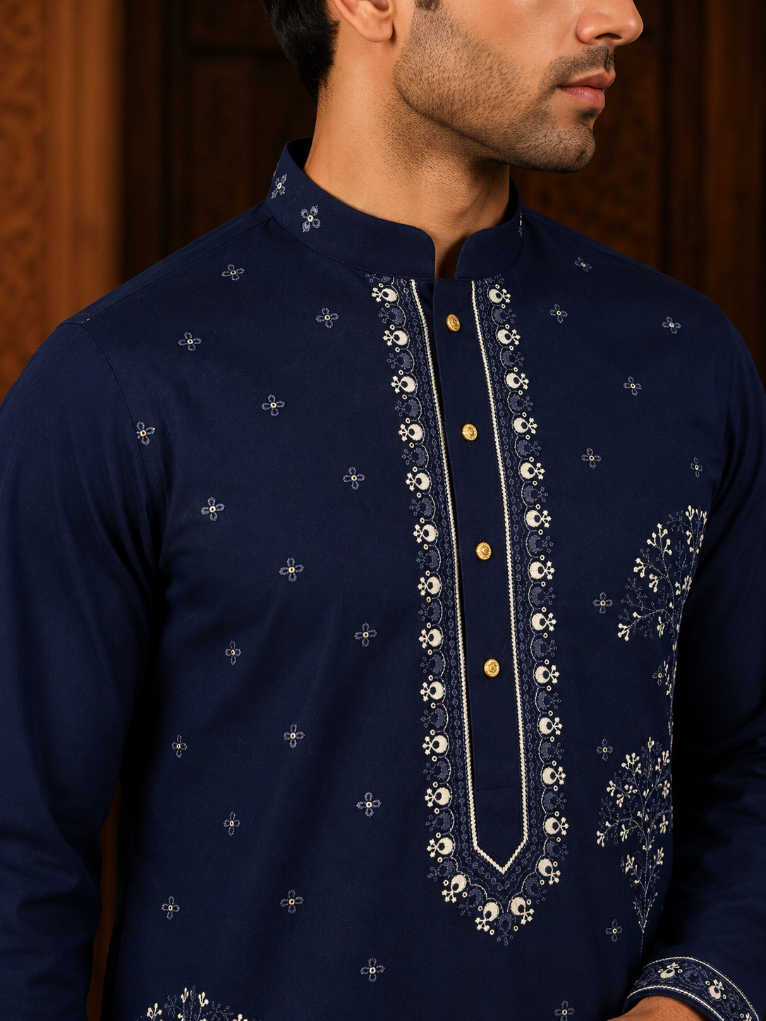 Men's Midnight Navy Japanese Embroidered Kurta Set view 2