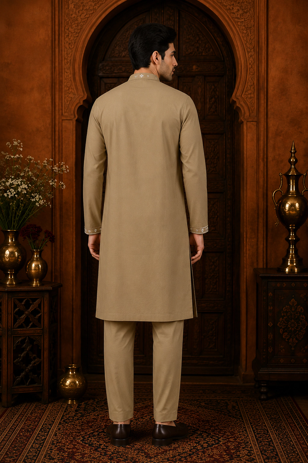 Men's Khaki Beige Japanese Embroidered Kurta Set view 3