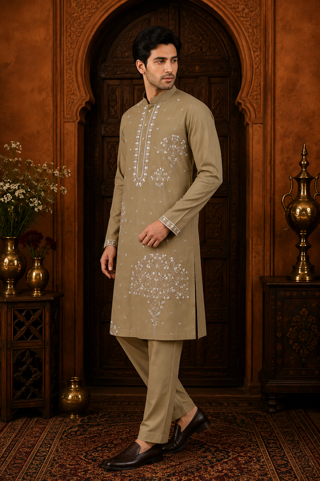 Men's Khaki Beige Japanese Embroidered Kurta Set view 4
