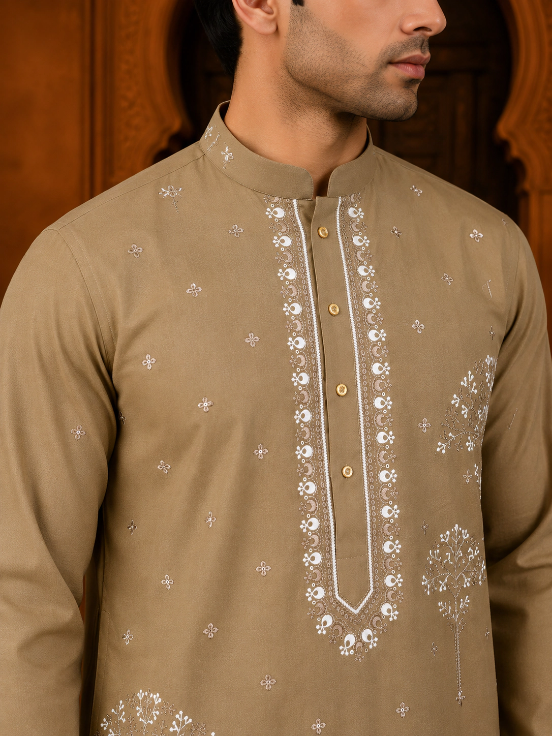 Men's Khaki Beige Japanese Embroidered Kurta Set view 2