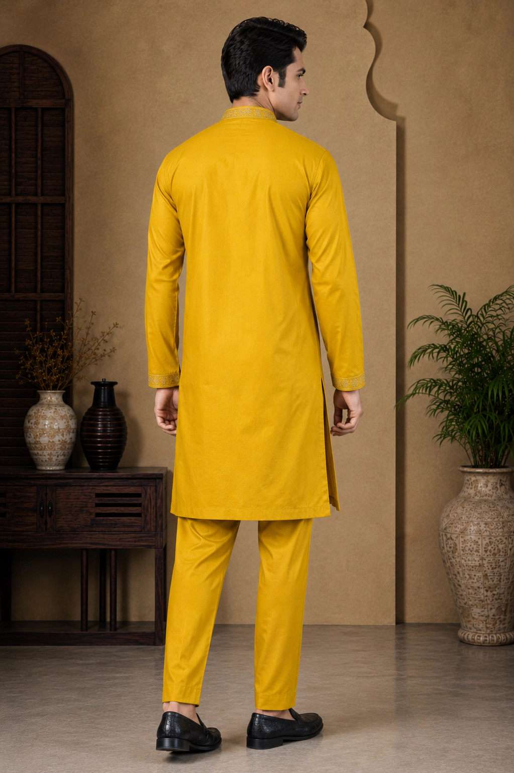 Men's Mustard Gold Silk Embroidered Kurta Set view 3