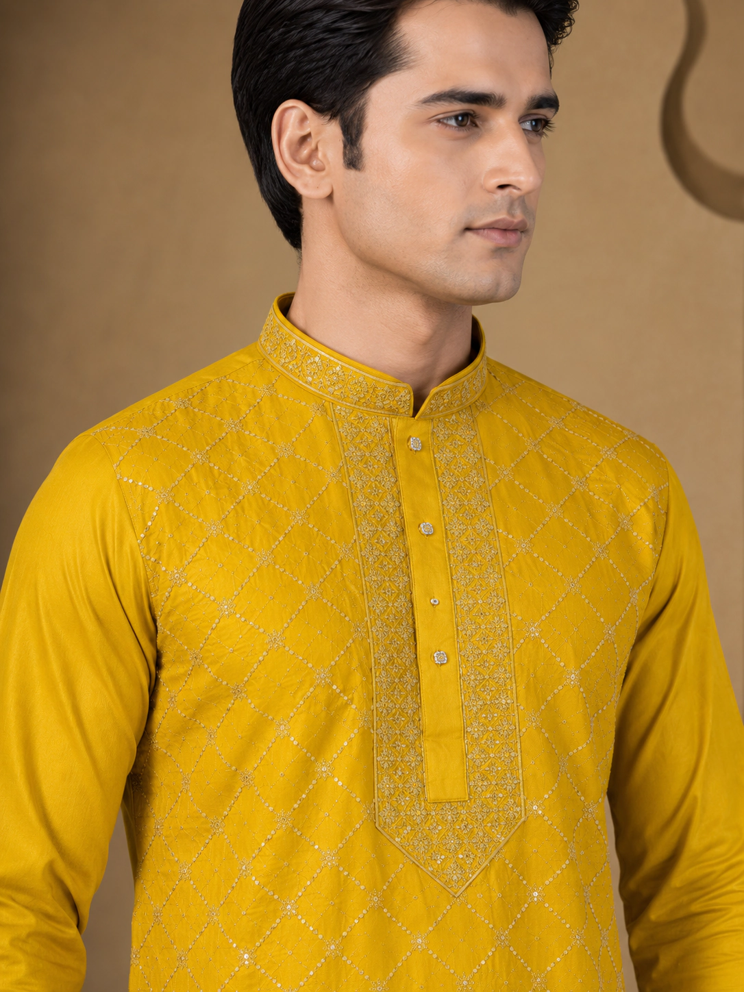 Men's Mustard Gold Silk Embroidered Kurta Set view 2
