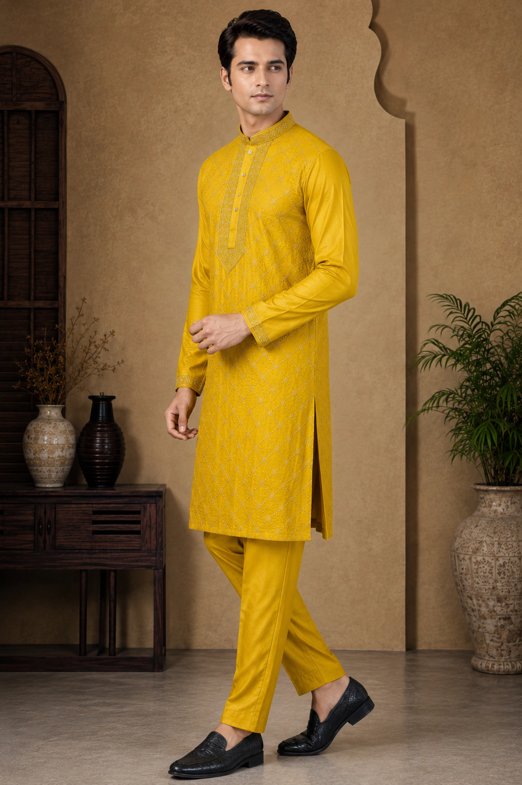 Men's Mustard Gold Silk Embroidered Kurta Set view 4