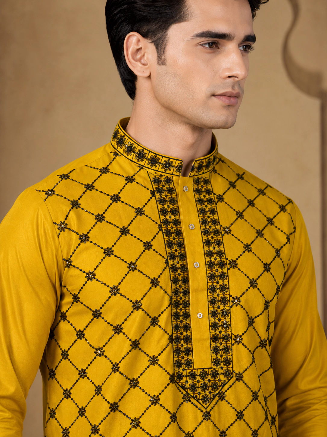 Men's Mustard Gold & Black Silk Embroidered Kurta Set view 2