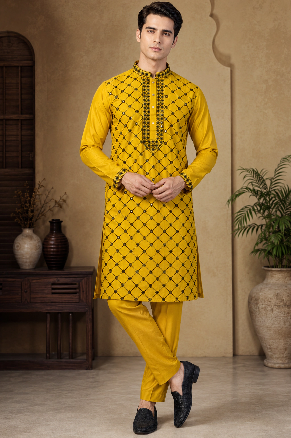 Men's Mustard Gold & Black Silk Embroidered Kurta Set view 4