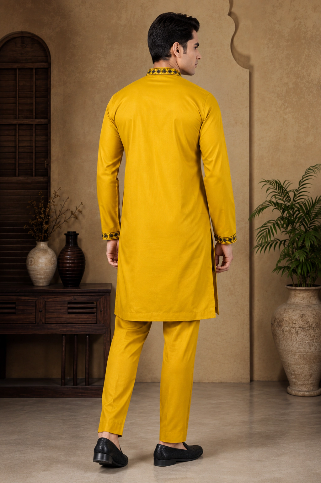 Men's Mustard Gold & Black Silk Embroidered Kurta Set view 3