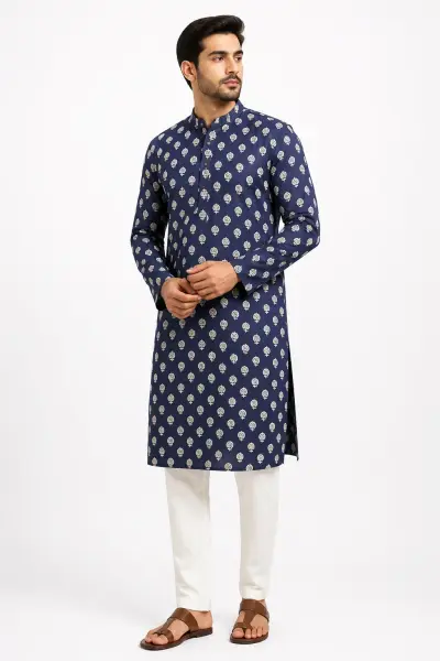 Blue Printed Cotton Kurta