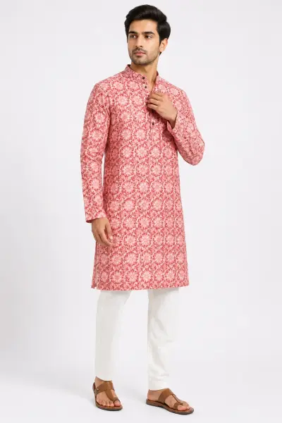 Printed Cotton Linen Kurta - Floral Red