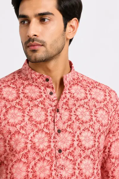 Printed Cotton Linen Kurta - Floral Red view 2