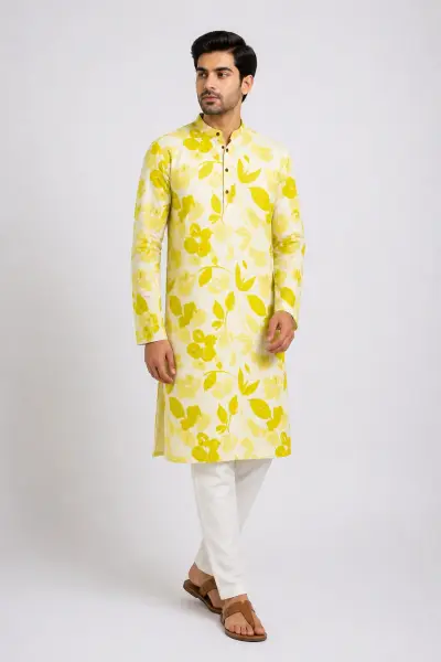 Printed Cotton Kurta - Yellow Floral view 1