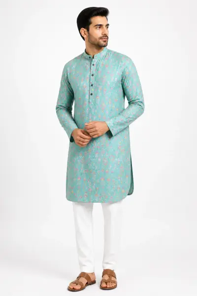 Printed Cotton Kurta - Teal Floral