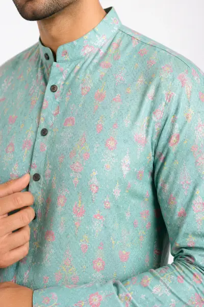 Printed Cotton Kurta - Teal Floral view 2