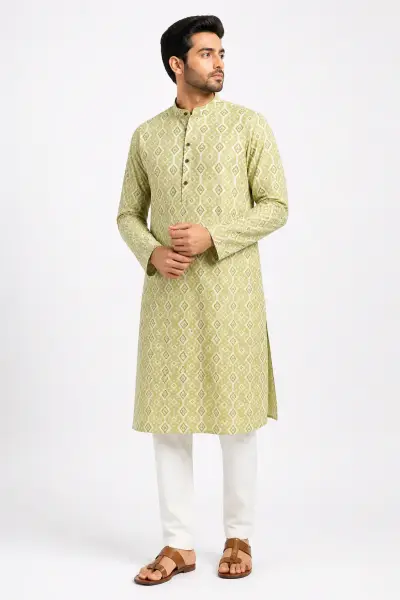 Muslin Silk Kurta - Green Geometric Printed