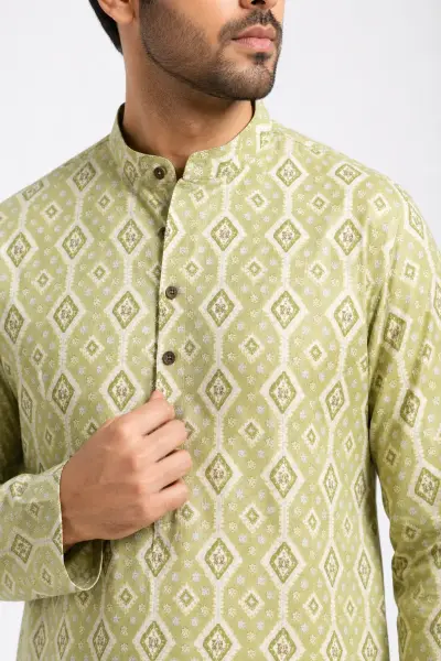 Muslin Silk Kurta - Green Geometric Printed view 2