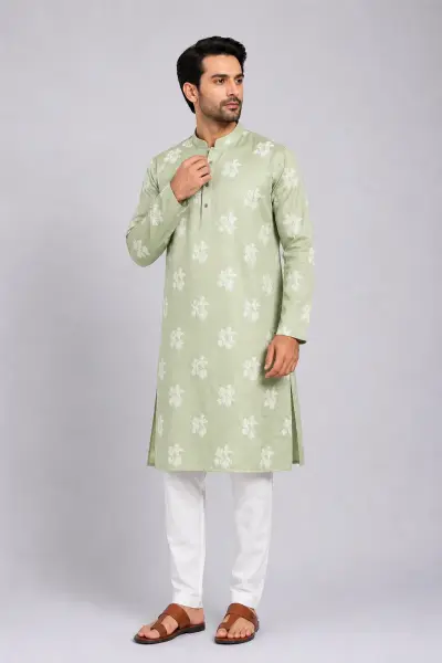 Printed Cotton Kurta - Green Floral view 1