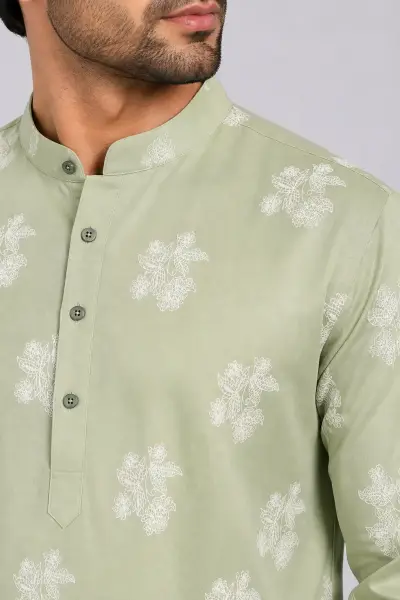 Printed Cotton Kurta - Green Floral view 2