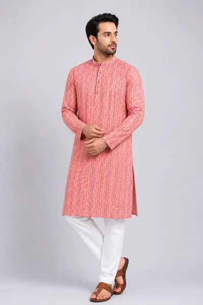Muslin Silk Kurta - Red Textured view 1