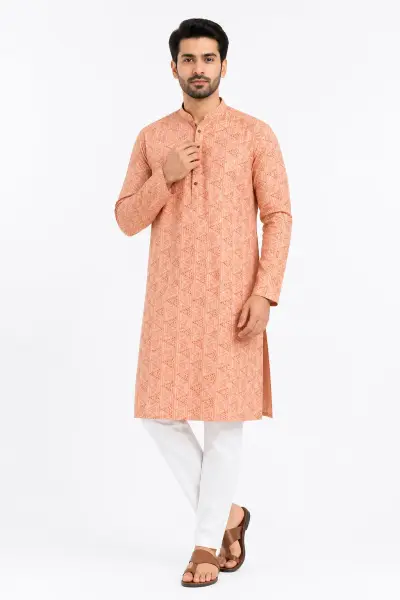Muslin Silk Kurta - Peach Geometric Printed