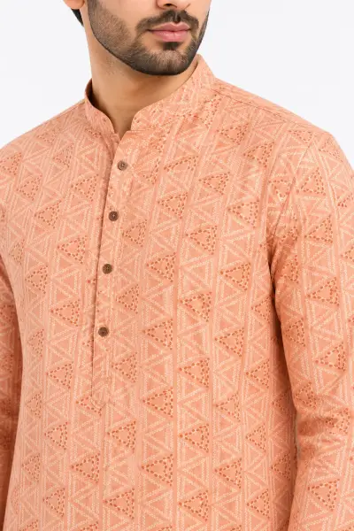 Muslin Silk Kurta - Peach Geometric Printed view 2