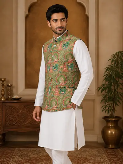 Premium Silk Foil Printed Men's Ethnic Waistcoat (Green)