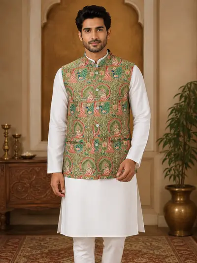 Premium Silk Foil Printed Men's Ethnic Waistcoat (Green) view 2