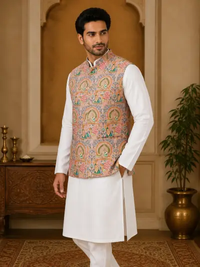 Peach Silk Foil Printed Waistcoat