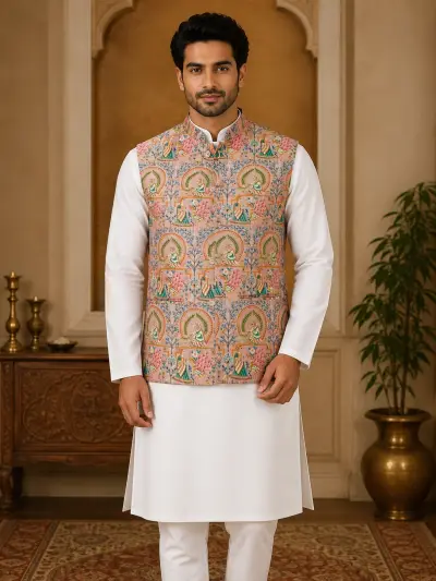 Peach Silk Foil Printed Waistcoat view 2