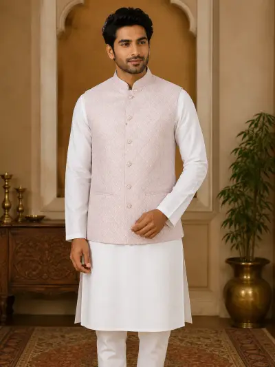 Blush Pink Jacquard Waistcoat view 2