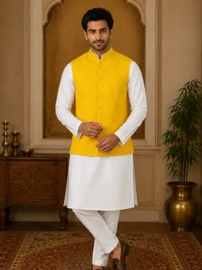 Mustard Yellow Embroidered Waistcoat view 2