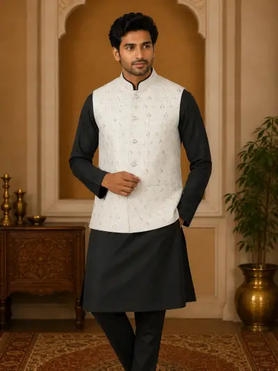 Ivory Embroidered Ethnic Waistcoat view 2