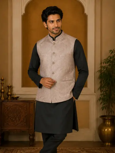 Taupe Embroidered Sequin Waistcoat