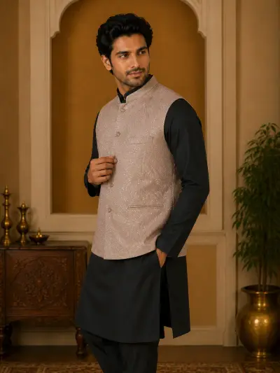 Taupe Embroidered Sequin Waistcoat view 2