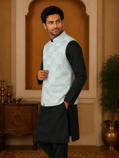 Blue Geometric Embroidered Waistcoat